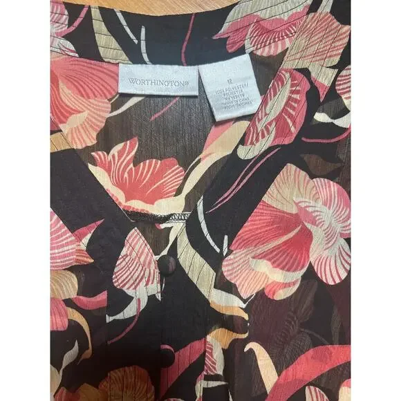 Worthington sz12 women’s sheer floral blouse ruffle sleeves fit flare waistline - Picture 6 of 9